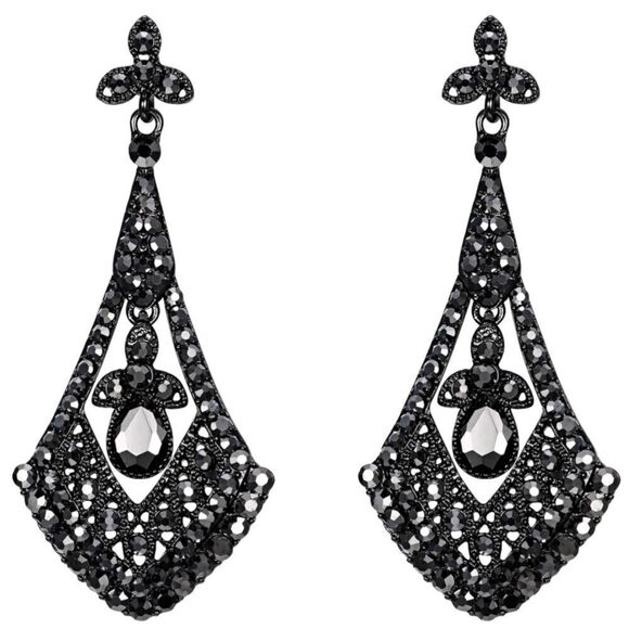 BijouStudios Earrings Jewelry - Gun Metal with Charcoal Gray Crystal Art Deco Rhombus Chandelier Post Earrings